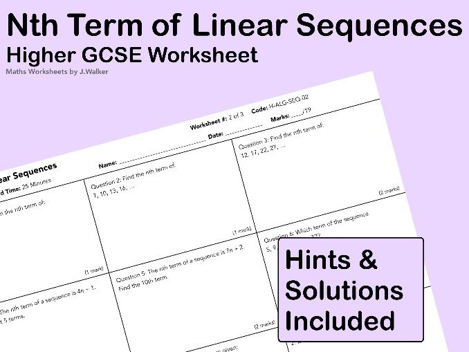 GCSE Maths Worksheet: Nth Term of Linear Sequences - Higher Tier