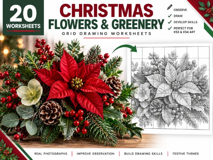 Christmas Flowers & Greenery Grid Drawing Worksheets | 20 Festive Art Activities | KS3 KS4