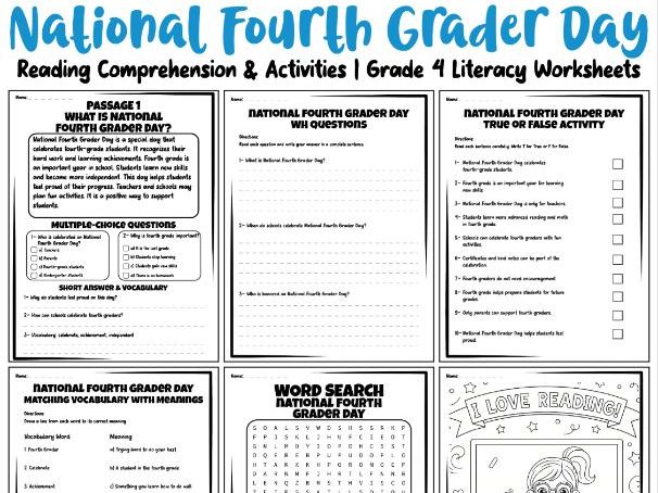 National Fourth Grader Day Reading Comprehension & Activities | Grade 4 Literacy Worksheets