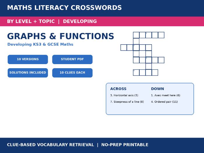Maths Literacy Crosswords: Developing Graphs and Functions | 10 Puzzles + Complete Solutions