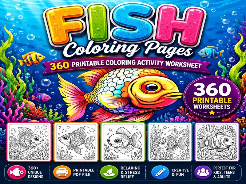 FISH Coloring Pages, 360 Printable Coloring Activity Worksheet