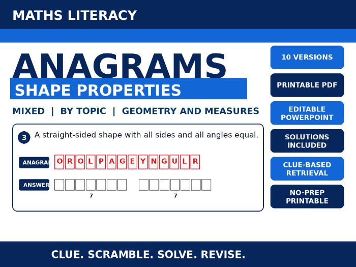 Maths Literacy Anagrams: Shape Properties | 10 Worksheets, Editable PowerPoint + Solutions