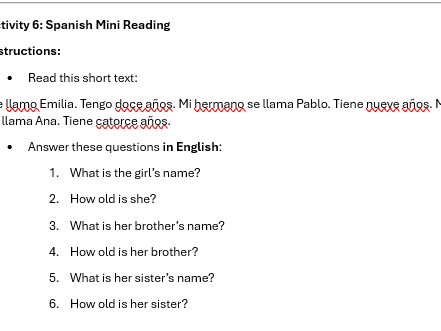 Spanish Year 7 Learning Menu Homework