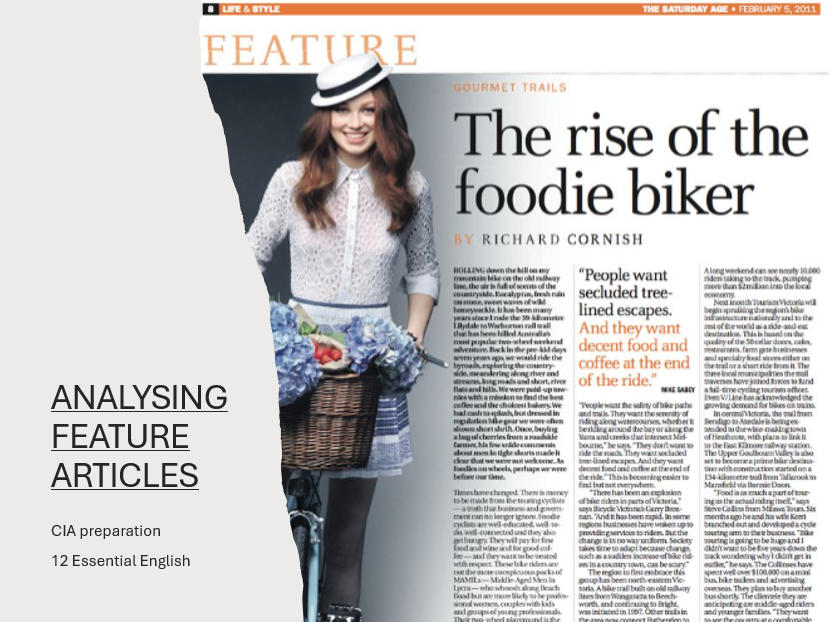 12 Essential English – CIA Exam Prep (QLD) – Feature Article genre conventions and one stimulus