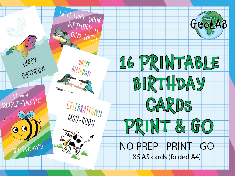 Printable Birthday Cards for the Classroom 16 Original Designs (KS1–KS3)