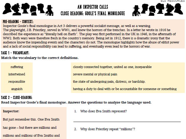 GCSE English Lit - An Inspector Calls - Goole's Final Monologue Close Reading Worksheet