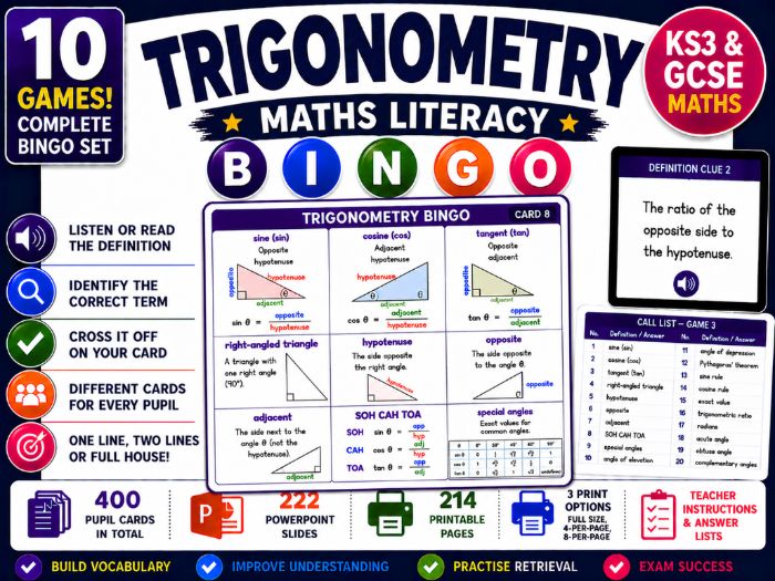 Trigonometry Maths Literacy Bingo | KS3 & GCSE Vocabulary | 10 Games