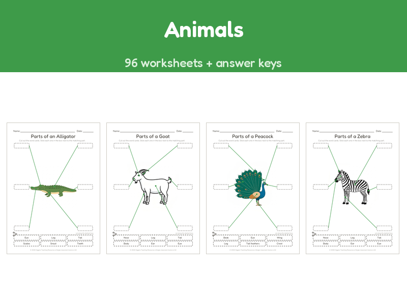 Animals | Label the Parts Worksheets | 96 Sheets + Answers | Ages 5-7