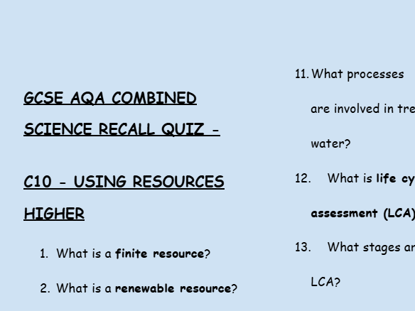 GCSE Chemistry C10 Using Resources – 30 Higher Retrieval Questions | AQA | Low-Stakes Quiz + Answers