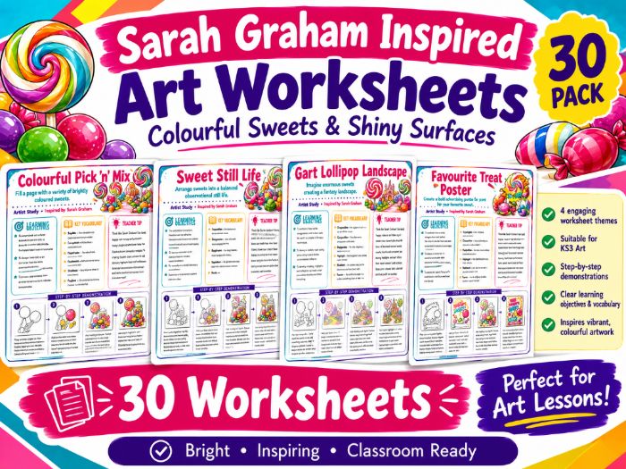 Sarah Graham Inspired Art Worksheets | 30 KS3 Art Activities | Sweets, Colour, Shading & Reflection
