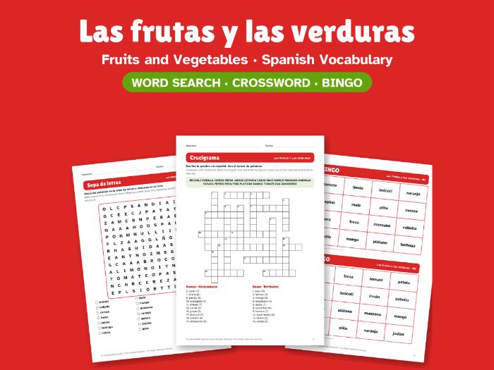 Fruits and Vegetables in Spanish: Word Search, Crossword & Bingo