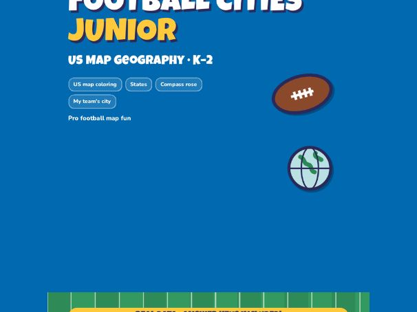 Football Team Cities Geography Junior K-2 | US Map Coloring, Compass, States
