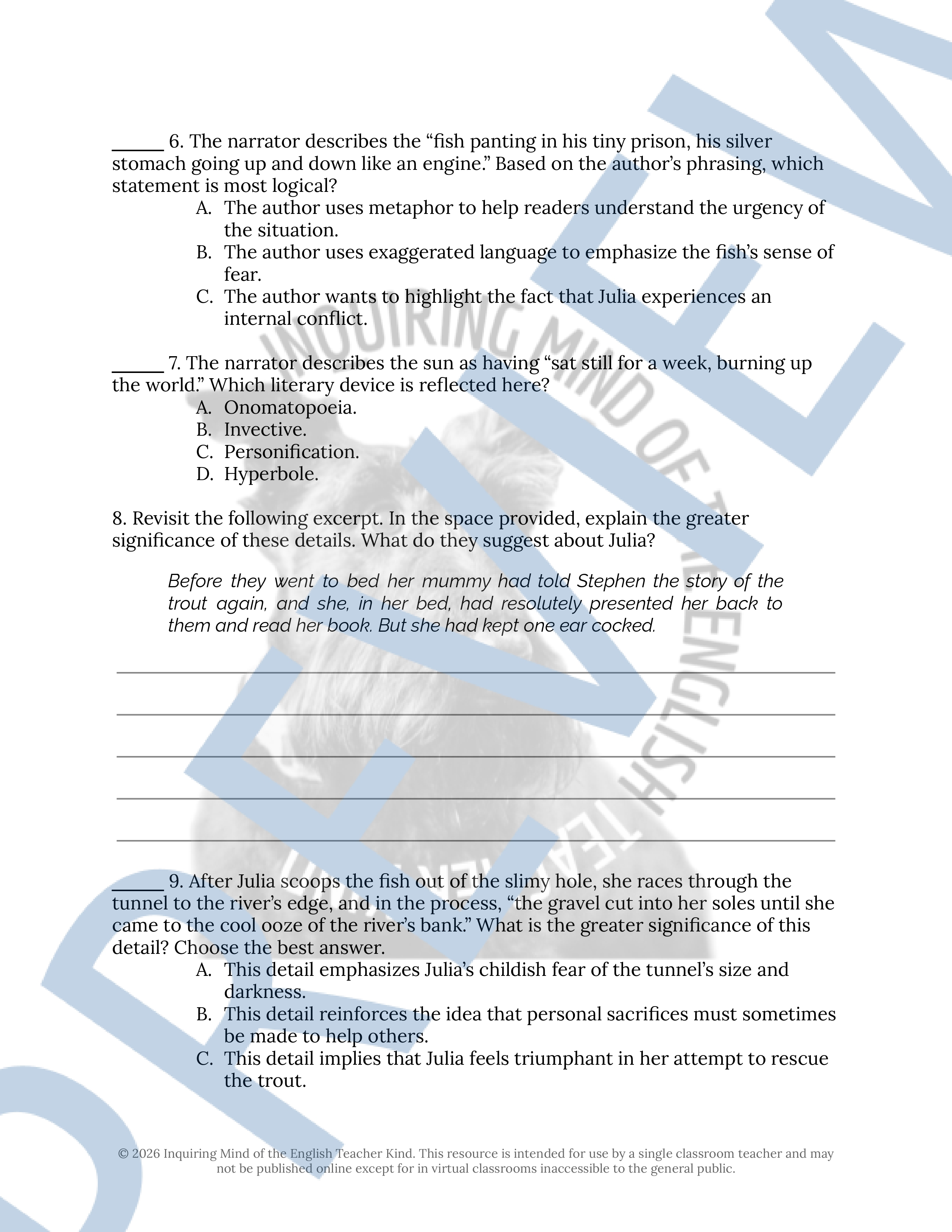 "The Trout" by Sean O'Faolain | Literary Analysis Worksheet | Close ...