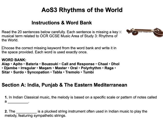 OCR Music - AoS3 Rhythms of the World revision sentences