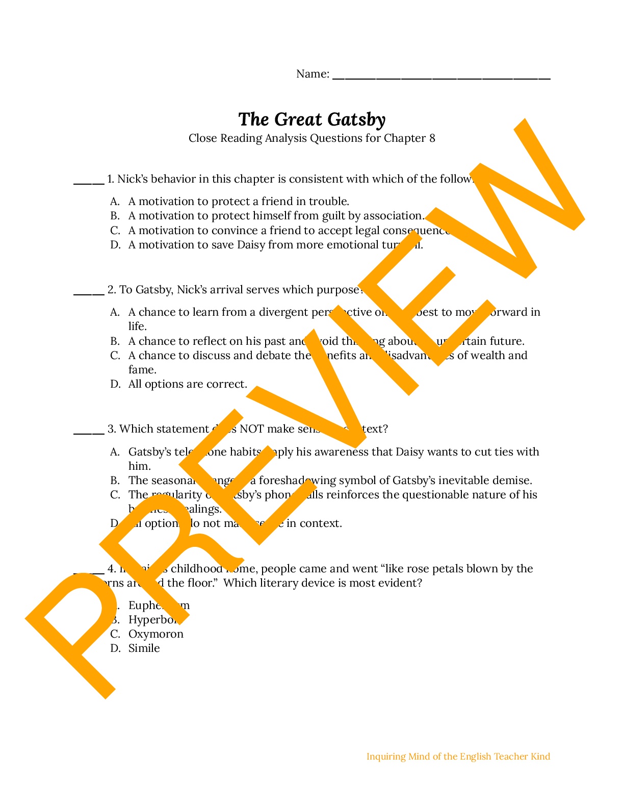 The Great Gatsby Close Reading Worksheet Chapter 8 Teaching Resources