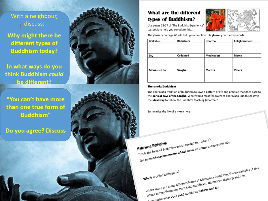 ks3 different types of buddhism lesson worksheet for use with the