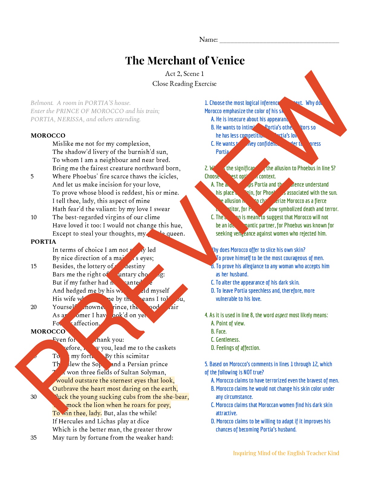 The Merchant of Venice Close Reading Worksheet Act 2, Scene 1
