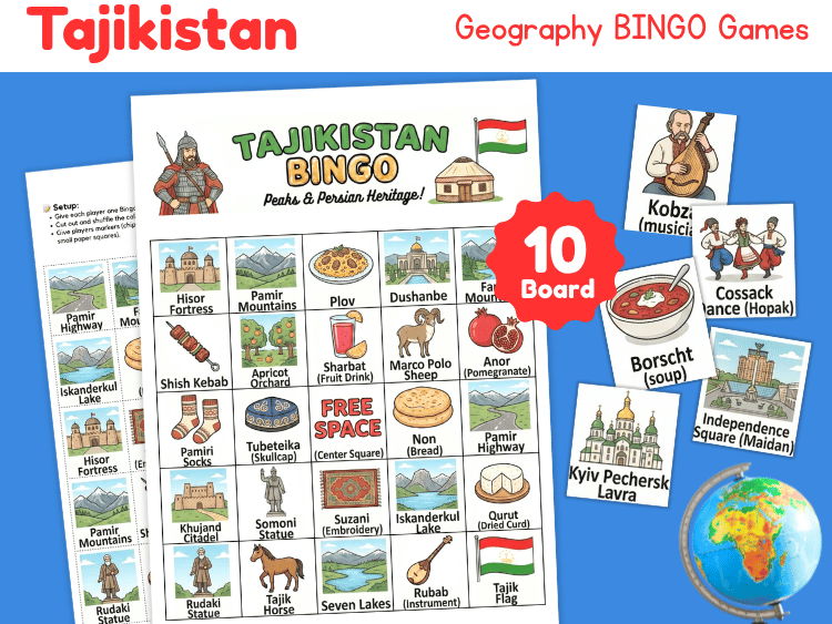 Tajikistan Geography Bingo Game | Country Study Printable