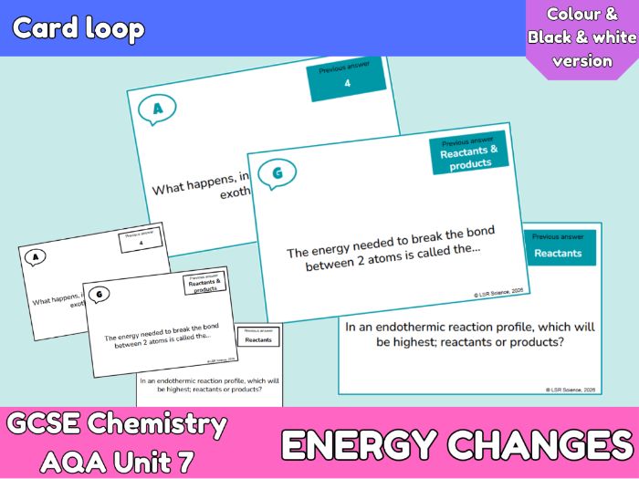 Energy changes Card loop revision game | AQA GCSE Chemistry Unit 7 Review and Revision Activity