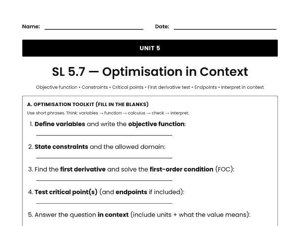 IB Math AI Worksheet SL 5.7 - Optimisation in Context