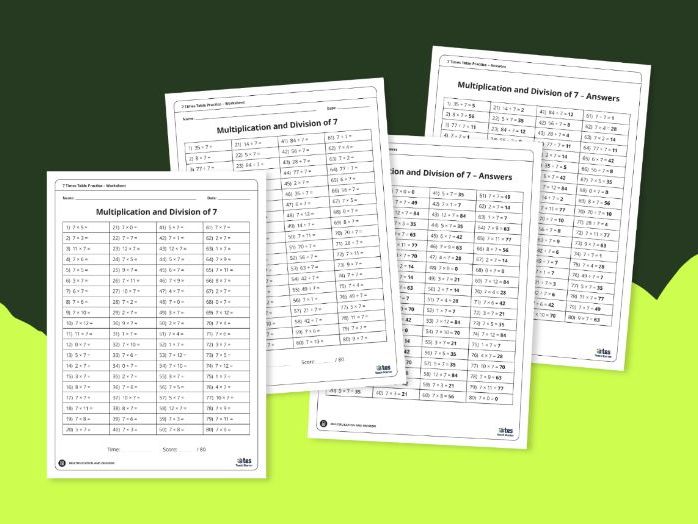 Multiplication and division practice worksheets for the 7 times table