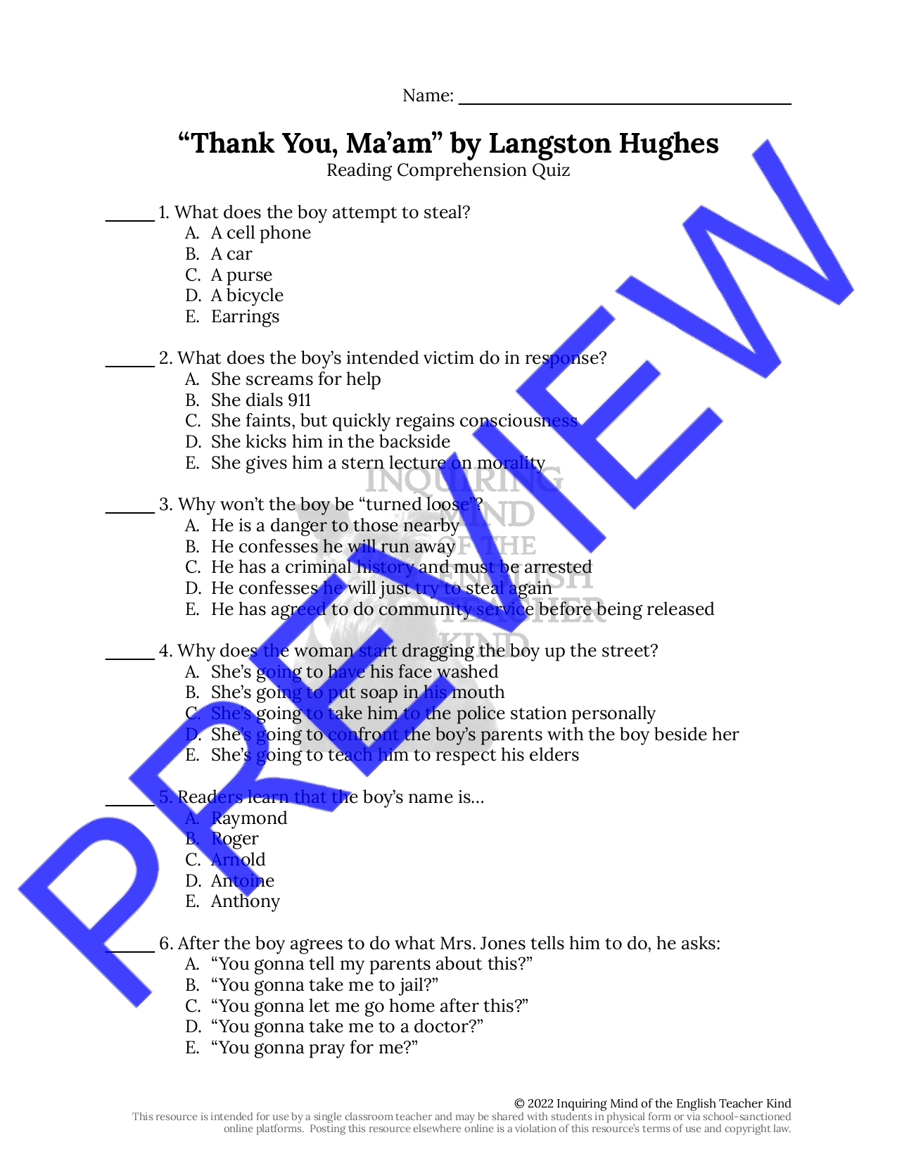  Thank You Ma am By Langston Hughes Quiz And Answer Key Teaching