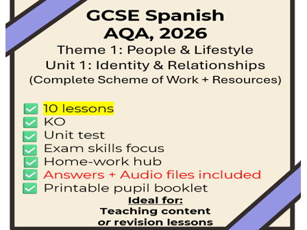 AQA 2026 GCSE Spanish: Unit 1 Identity & Relationships NEW SPEC (full SOW + 10 lessons + extras)