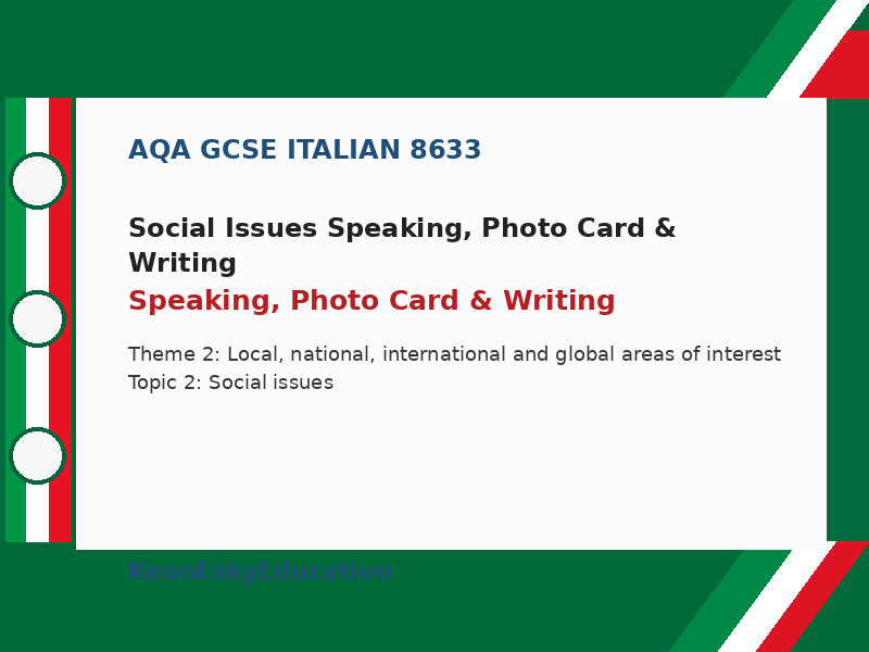 AQA GCSE Italian – Social Issues Speaking, Photo Card & Writing