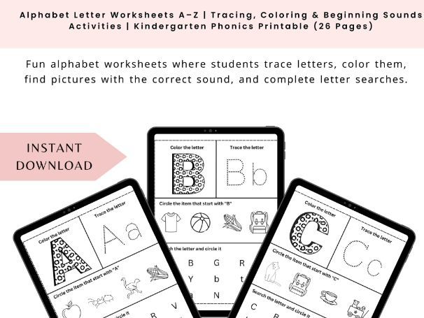 Alphabet Letter Worksheets A–Z | Tracing, Coloring & Beginning Sounds Activities | Kindergarten Phon