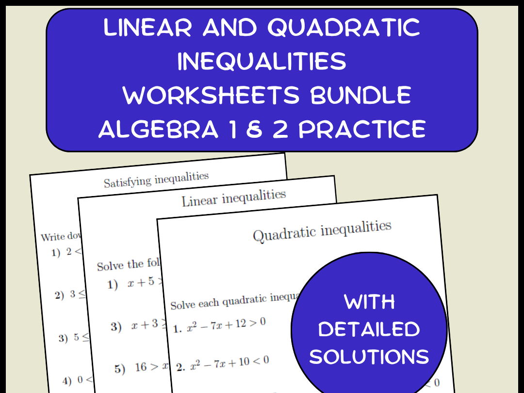 Linear and Quadratic Inequalities Worksheets Bundle | Algebra 1 & 2 Practice