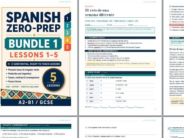 GCSE Spanish Zero-Prep _5 Complete Lessons 1-5_ Grammar, Reading & Writing_Bundle 1