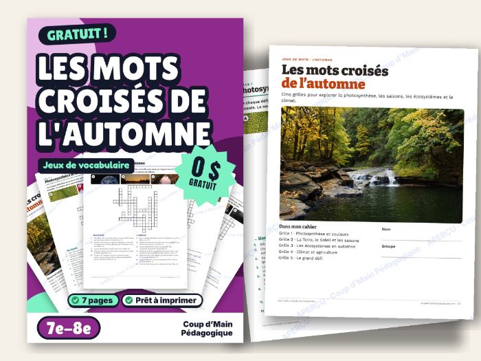 French Fall Science Crossword Puzzles Grade 7-9 | Mots croisés de l'automne