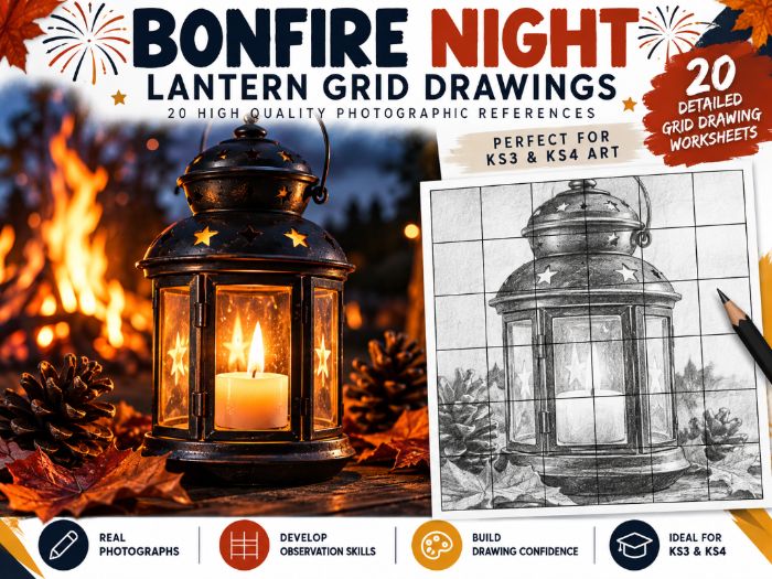Bonfire Night Lantern Grid Drawing Worksheets – 20 Art Activities | KS3 & KS4 | Observational Drawin