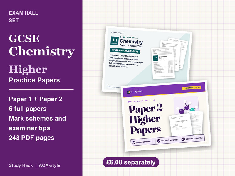 GCSE Chemistry Higher Practice Papers Bundle: Paper 1 and 2, 6 papers, mark schemes (AQA-style)