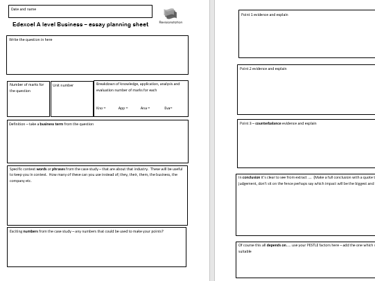 A Level Business Essay planning sheet