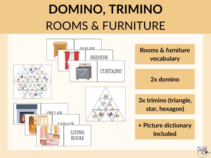 Rooms & Furniture domino, trimino - printable PDF
