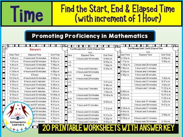 Find the Start, End & Elapsed Time Worksheets (Hour Increments) Math