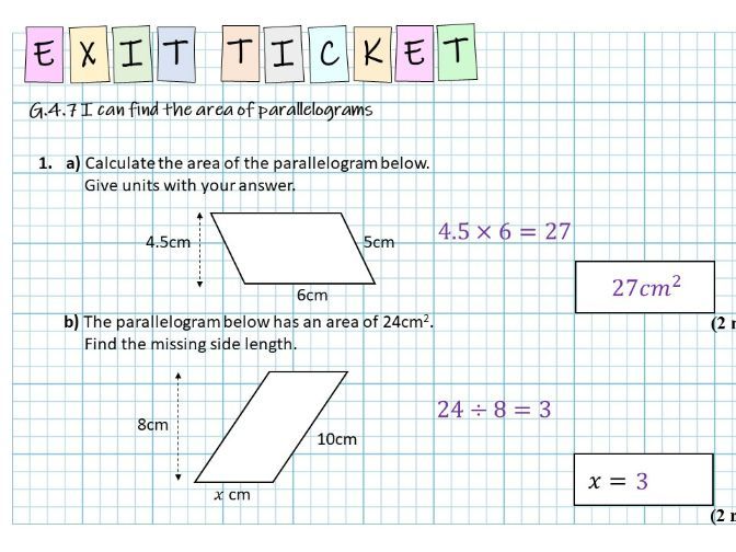 Area of parallelograms - Exit ticket
