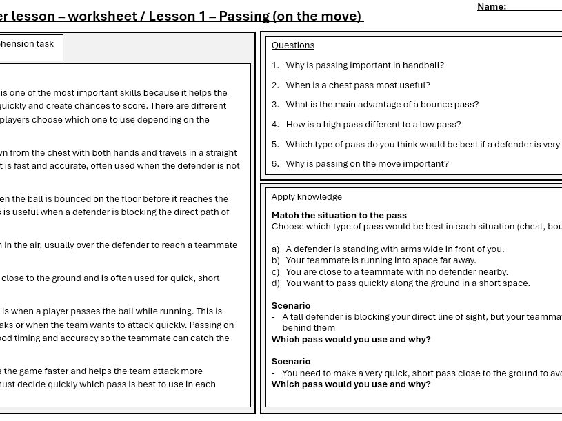Handball worksheets / cover work