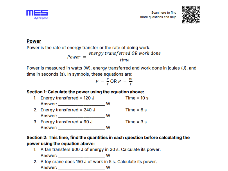 GCSE Physics AQA FT Topic 1: Energy - Power Worksheet