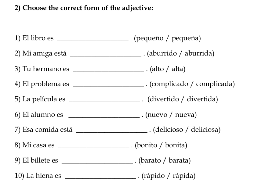 Spanish Adjectives Worksheets | Los adjetivos