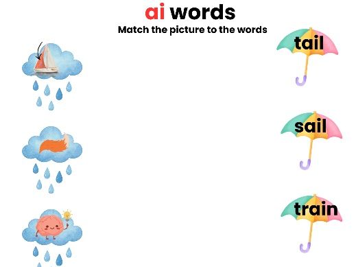AI Digraph Worksheet – Match the Picture to the Word (Rain Cloud & Umbrella)