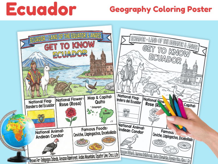 Ecuador Geography Coloring Poster | Country Facts & Map Activity