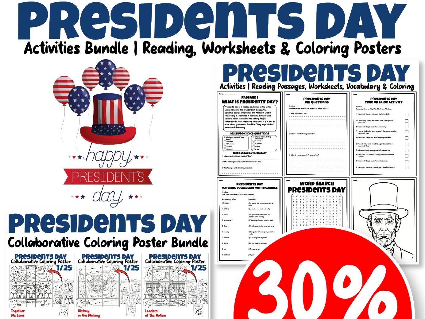 Presidents’ Day Activities Bundle | Reading, Worksheets & Coloring Posters