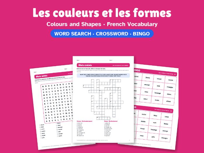 Colours and Shapes in French: Word Search, Crossword & Bingo