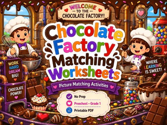 Chocolate Factory Matching Worksheets | Preschool & Kindergarten Activities | Pre-K–1st Grade