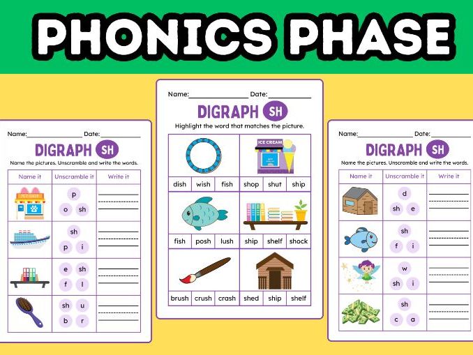 Interactive Phonics Digraph 'SH' Worksheets: Name, Unscramble & Identify Activities (EYFS/KS1)