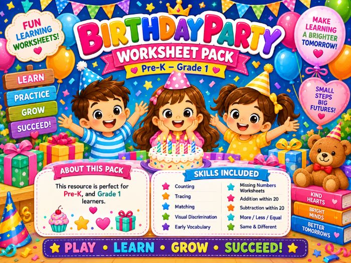 Birthday Party Worksheets Pre-K to 1st Grade | Math, Counting, Tracing & Matching Activities  Descri