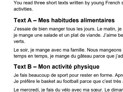 Nat 4 French Reading - Healthy Lifestyle