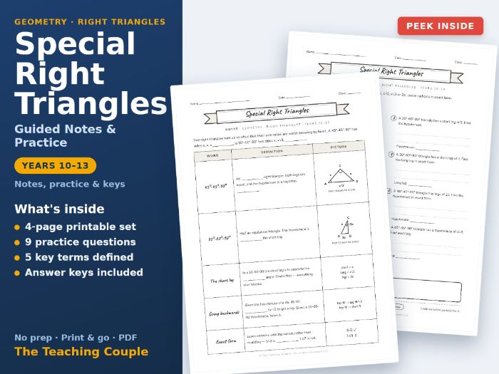 Special Right Triangles Guided Notes & Practice + Answer Keys
